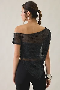 UO Bia Shine Flocked Dot Mesh Asymmetric Off-The-Shoulder Poncho