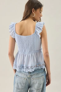 Kimchi Blue Fauna Lace Trim Flutter Sleeve Babydoll Blouse