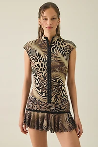 I.AM.GIA. Isela Animal Print Cap Sleeve High Neck Bodycon Mini Dress