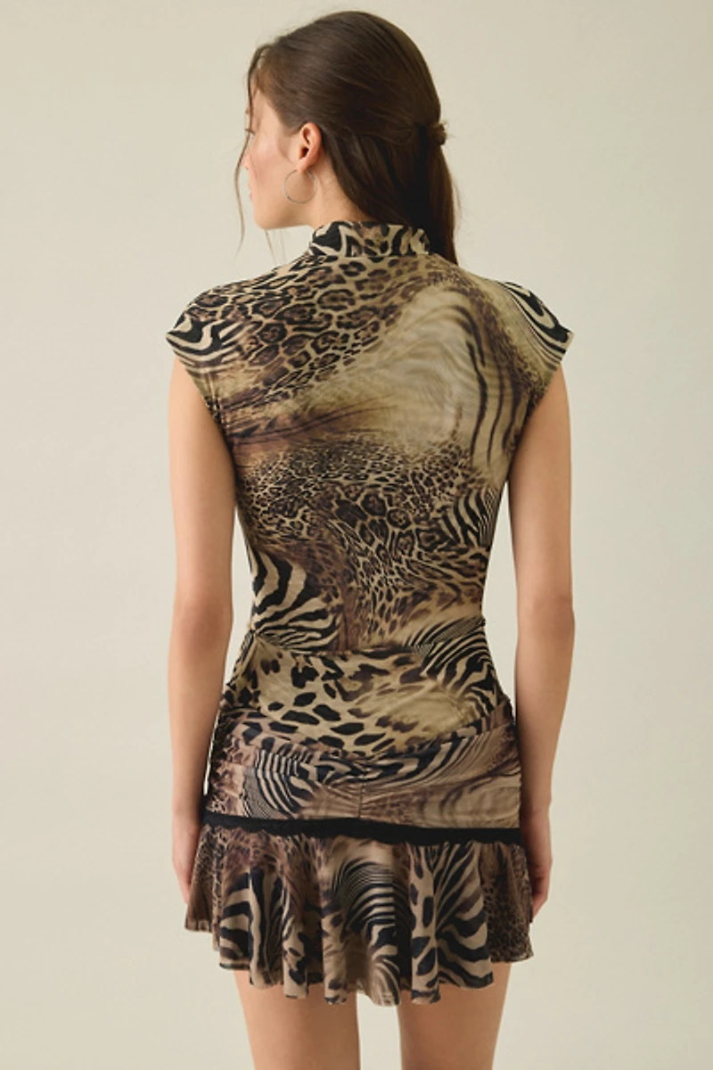 I.AM.GIA. Isela Animal Print Cap Sleeve High Neck Bodycon Mini Dress