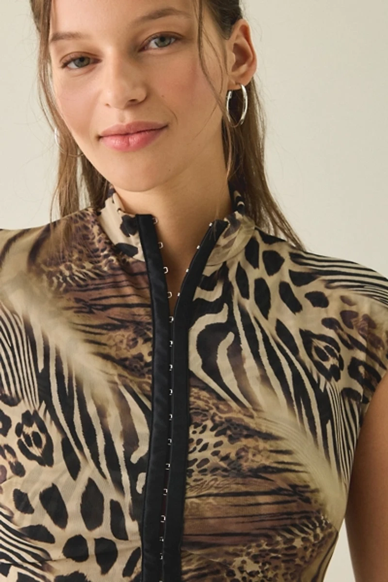 I.AM.GIA. Isela Animal Print Cap Sleeve High Neck Bodycon Mini Dress
