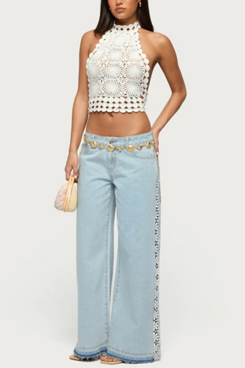 Edikted Crochet Panel Low Rise Wide Leg Jeans