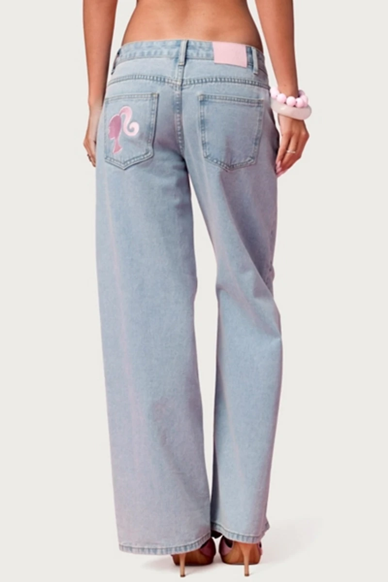 Edikted Embroidered Barbie™ Low Rise Baggy Jeans