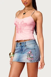 Edikted Barbie™ Floral Embroidered Denim Mini Skirt