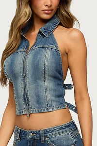 Edikted Gaya Backless Zip Up Denim Top
