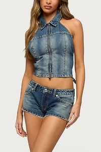 Edikted Gaya Backless Zip Up Denim Top