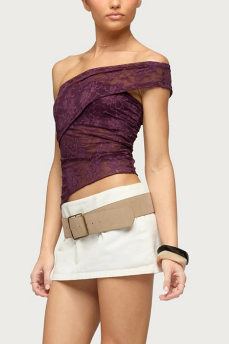 Edikted Asymmetric One Shoulder Sheer Lace Top