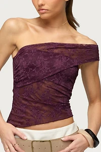 Edikted Asymmetric One Shoulder Sheer Lace Top