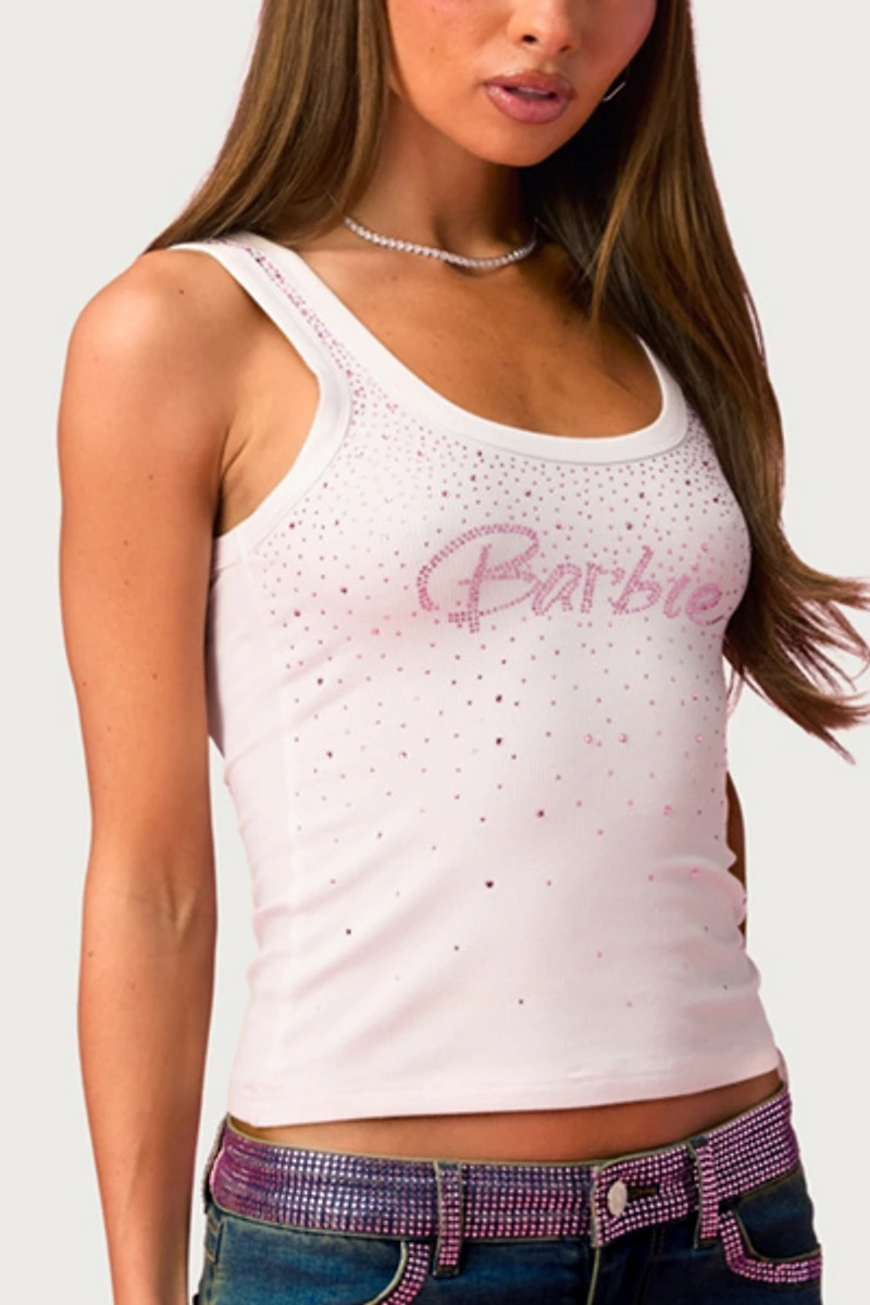 Edikted Dreamy Barbie™ Rhinestone Ribbed Tank Top
