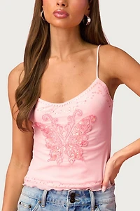 Edikted Barbie™ Bead & Sequin Butterfly Mesh Top