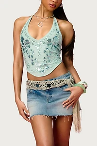 Edikted Barbie™ Floral Bead & Sequin Mesh Top