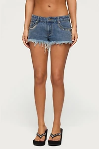 Edikted Studded Frayed Low Rise Denim Shorts