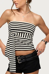 Edikted Finly Striped Tie Front Strapless Top