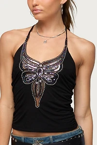 Edikted Butterfly Bead & Sequin Halter Top