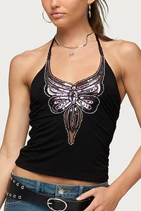 Edikted Butterfly Bead & Sequin Halter Top