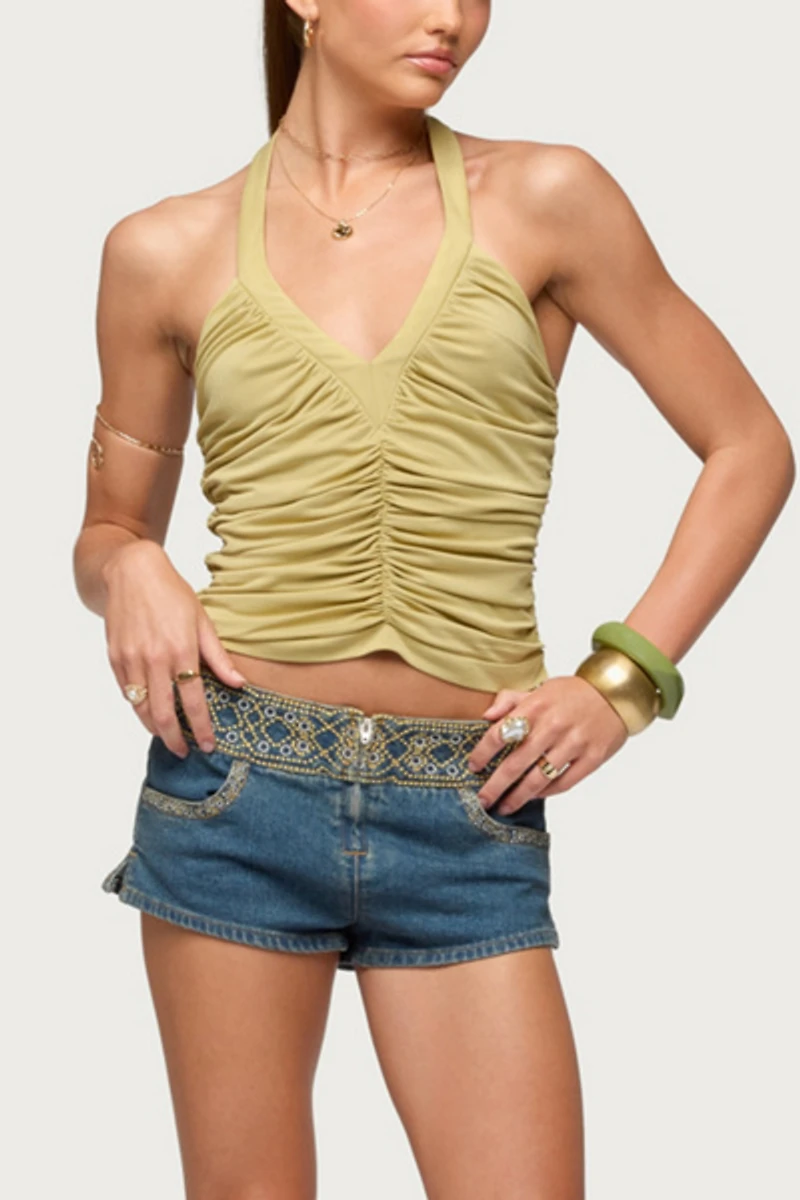 Edikted Jackey Ruched V Neck Halter Top