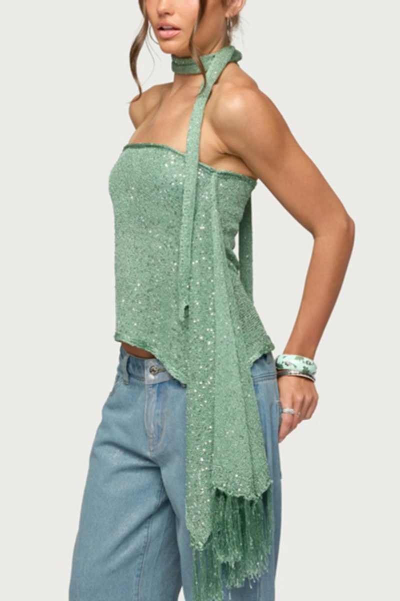 Edikted Two Piece Sequin Knit Scarf Top