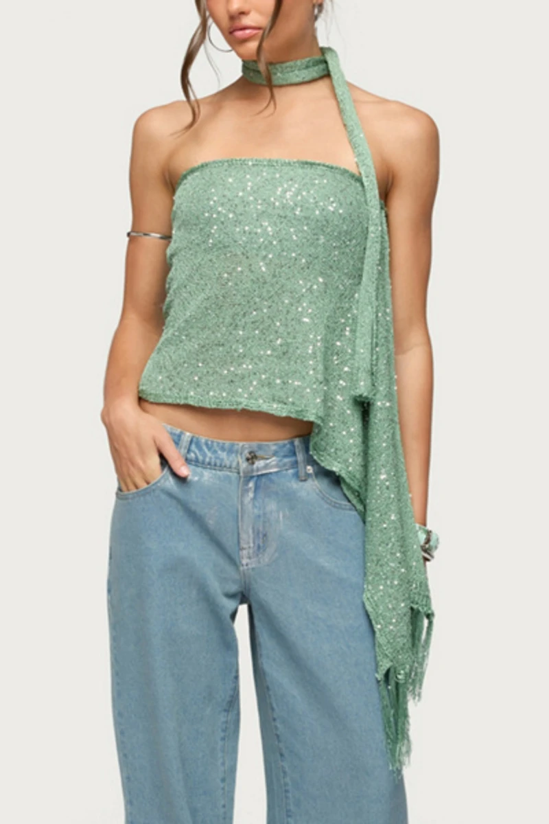 Edikted Two Piece Sequin Knit Scarf Top