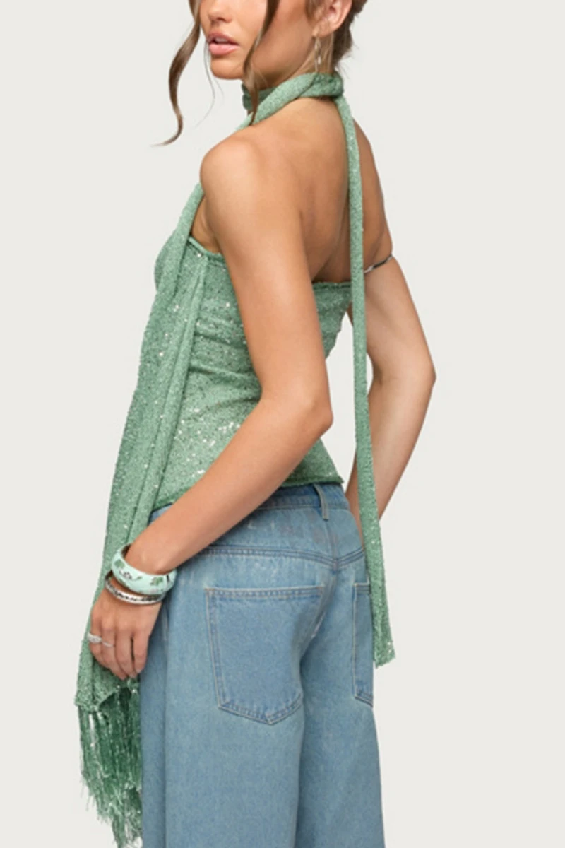 Edikted Two Piece Sequin Knit Scarf Top