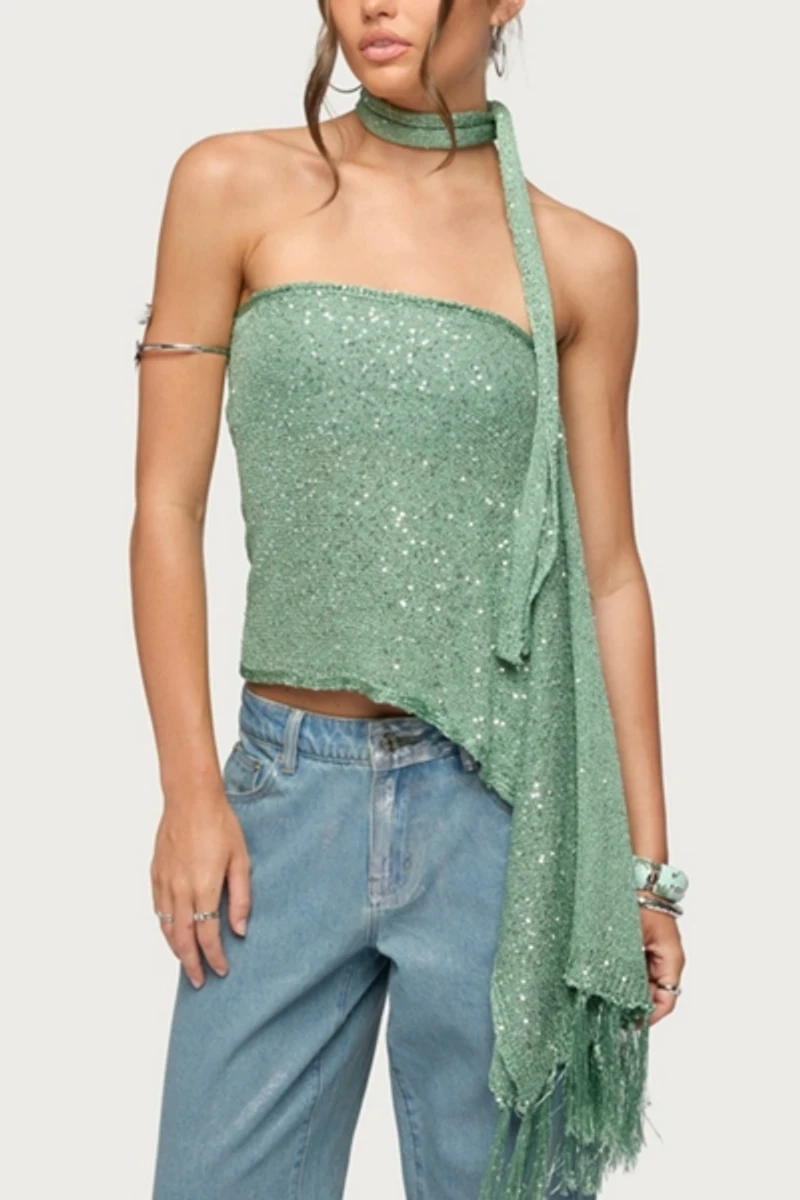 Edikted Two Piece Sequin Knit Scarf Top