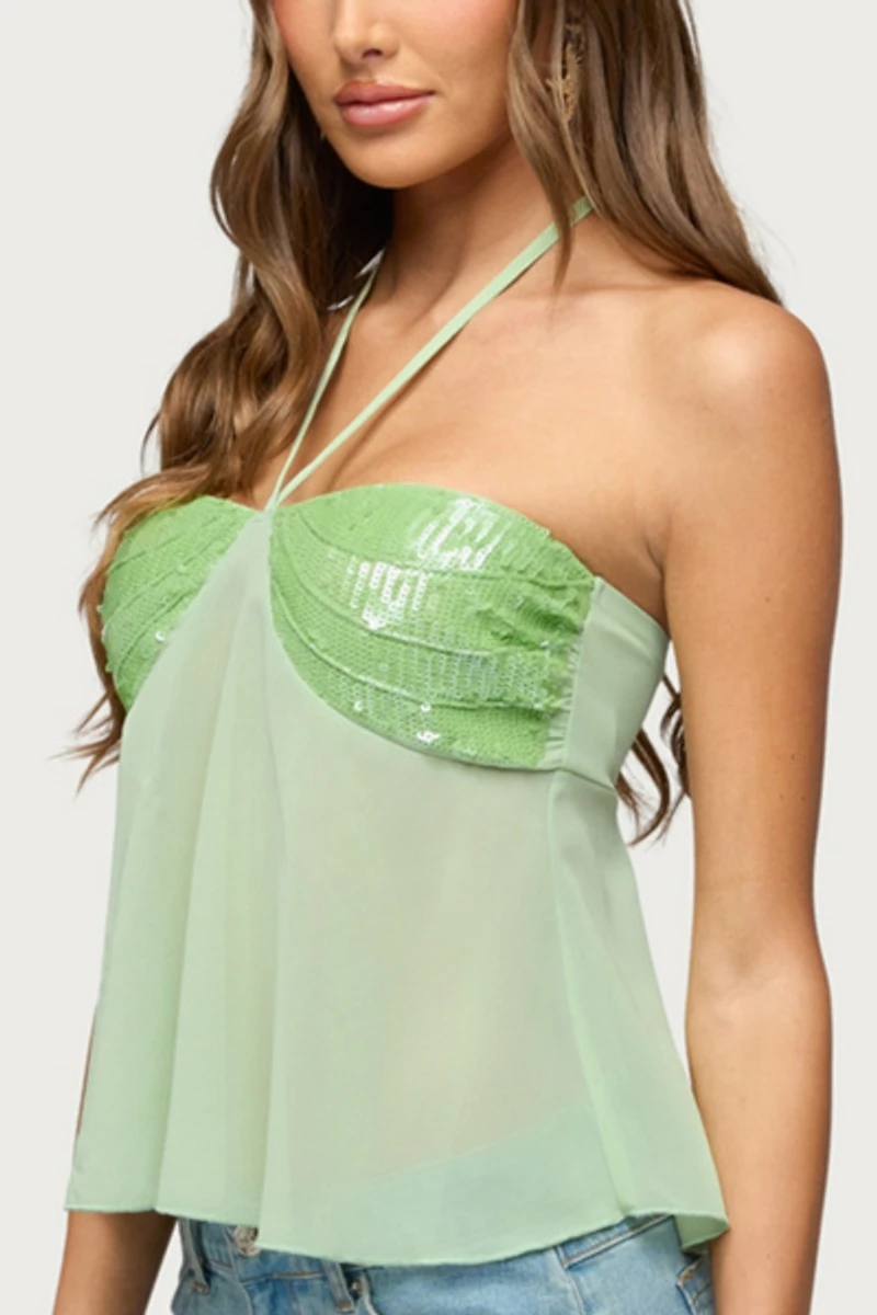 Edikted Kitty Sequin Chiffon Halter Top