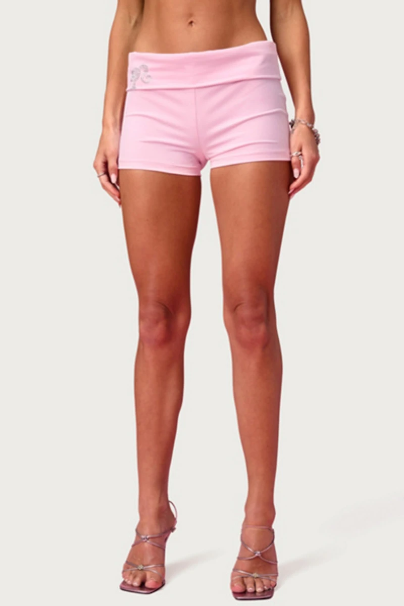 Edikted Barbie™ Rhinestone Foldover Shorts