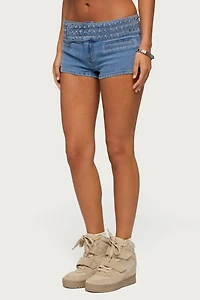 Edikted Odetta Studded Low Rise Denim Shorts