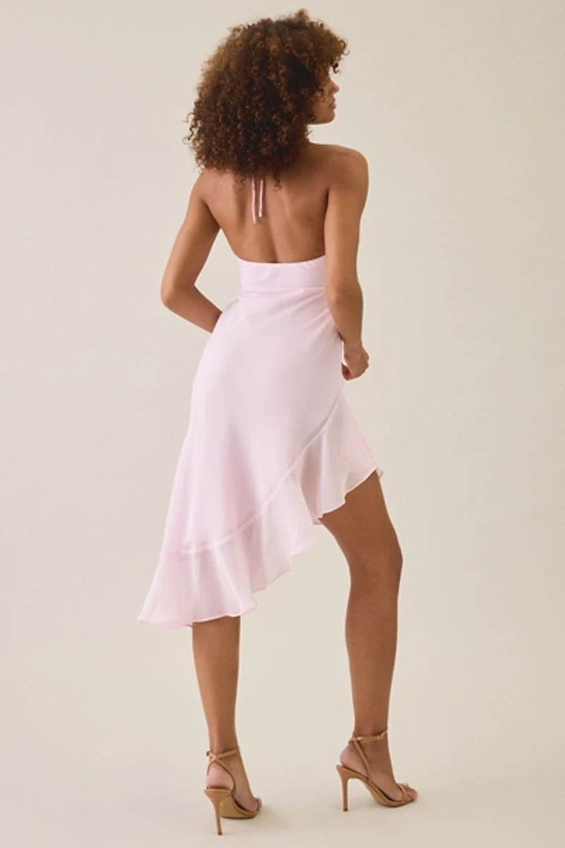 Tiger Mist Elarina High Y-Halter Asymmetric Ruffle Midi Dress