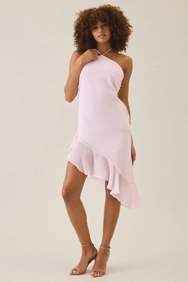 Tiger Mist Elarina High Y-Halter Asymmetric Ruffle Midi Dress