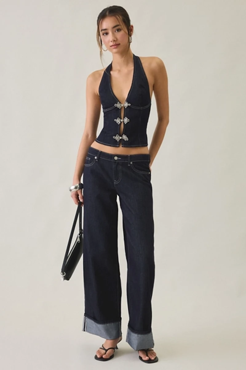 Tiger Mist Tilda Frog Button Denim Halter Neck Top