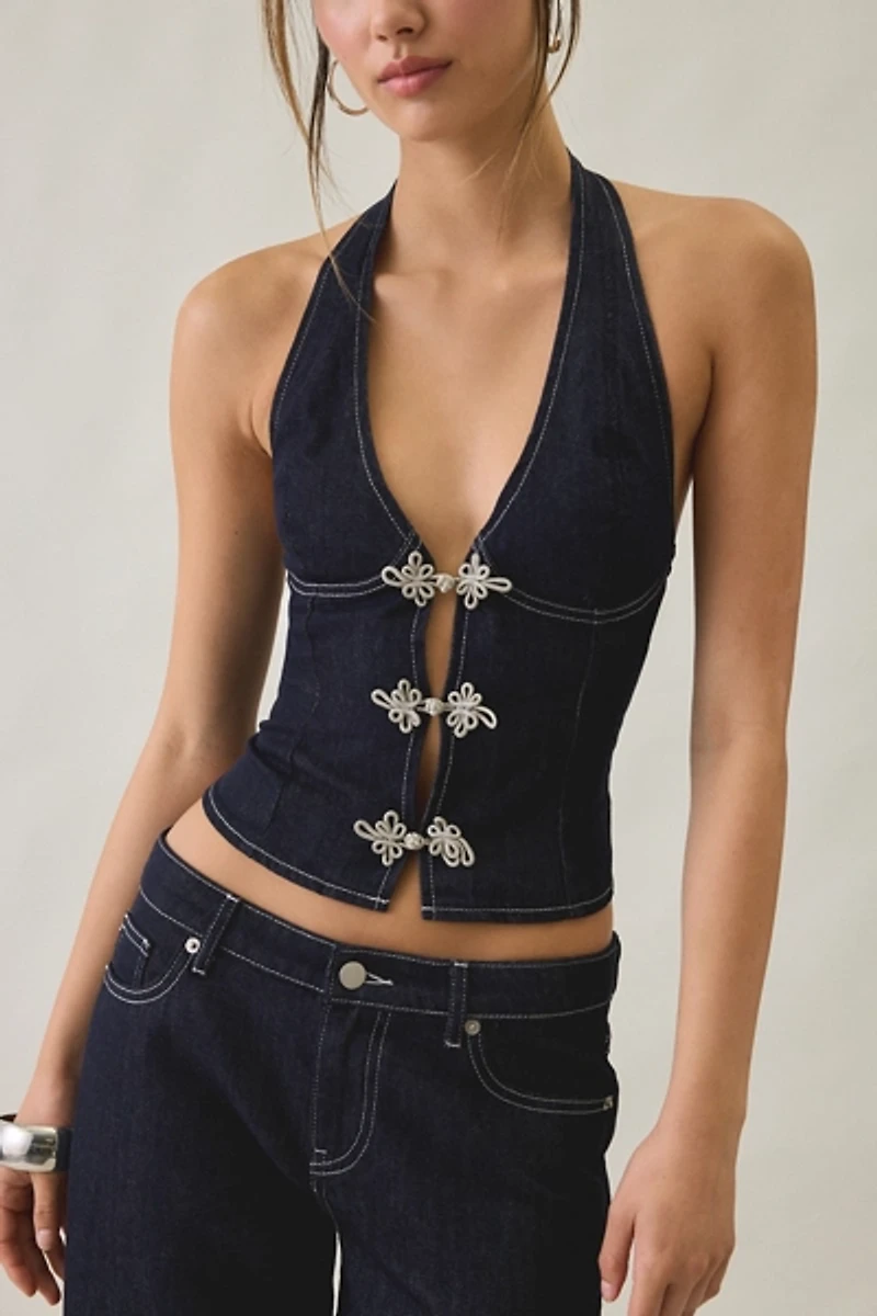 Tiger Mist Tilda Frog Button Denim Halter Neck Top