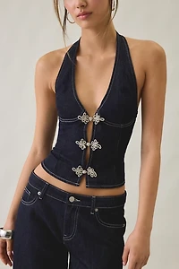 Tiger Mist Tilda Frog Button Denim Halter Neck Top