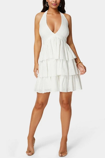 Bebe Women's Tiered Eyelet Halter Dress