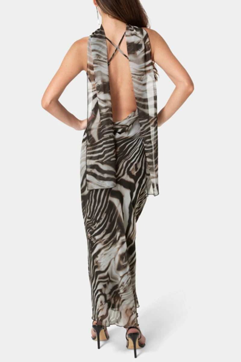 Bebe Printed Chiffon Cowl Maxi Dress
