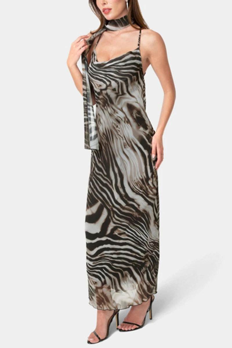 Bebe Printed Chiffon Cowl Maxi Dress