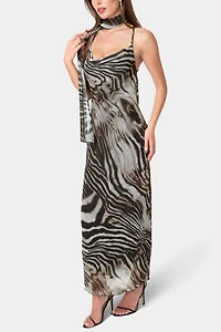 Bebe Printed Chiffon Cowl Maxi Dress
