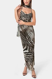 Bebe Printed Chiffon Cowl Maxi Dress