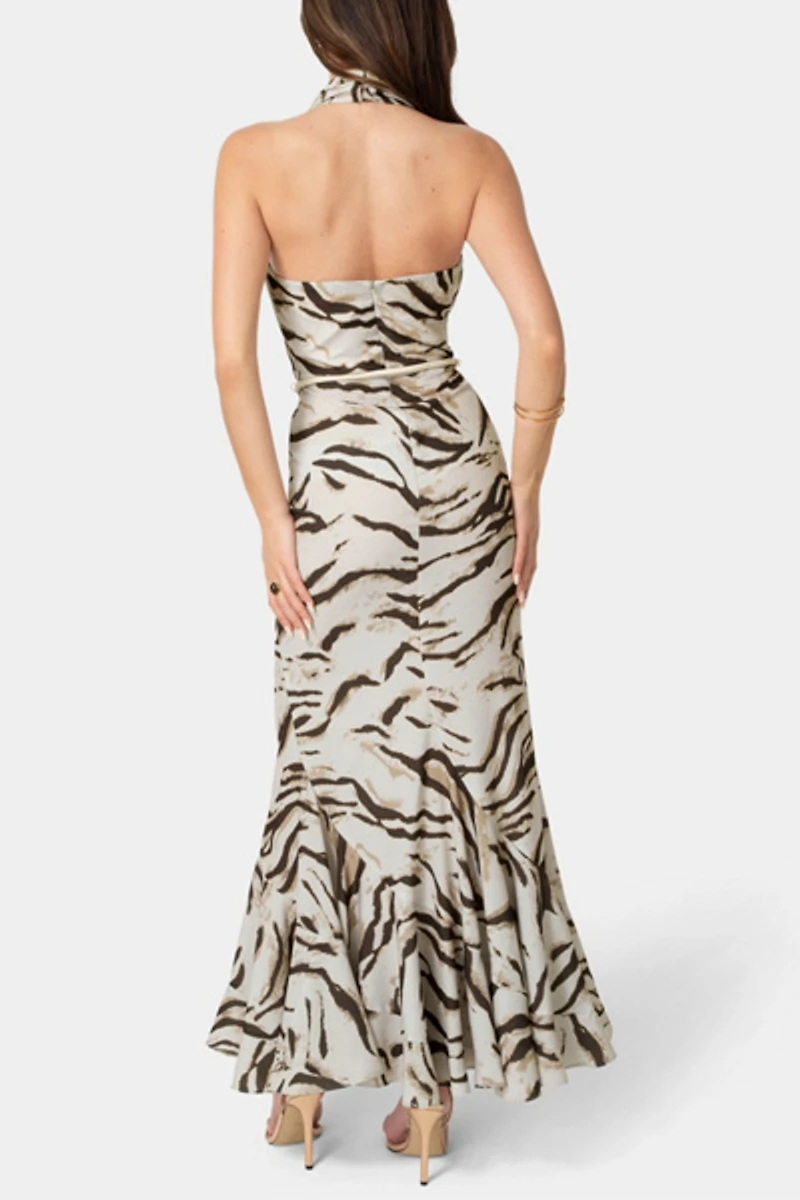 Bebe Printed Halter Flare Maxi Dress