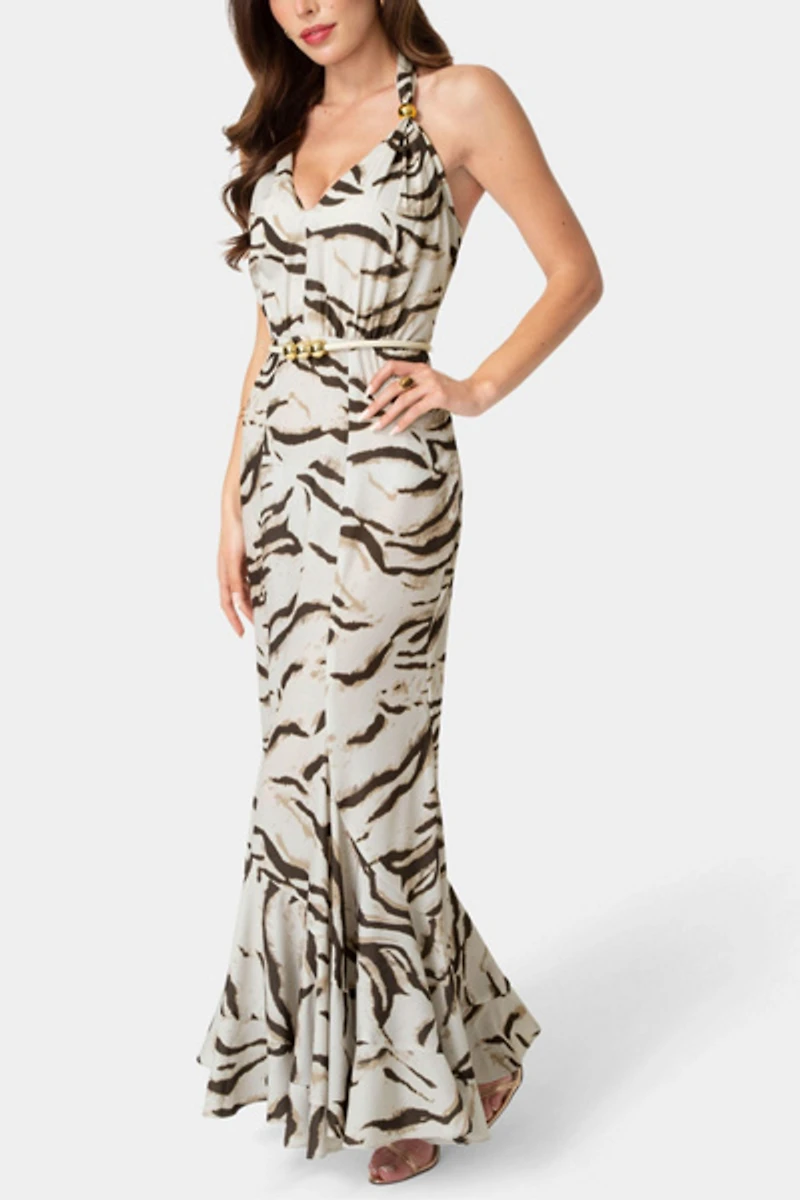 Bebe Printed Halter Flare Maxi Dress