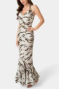 Bebe Printed Halter Flare Maxi Dress