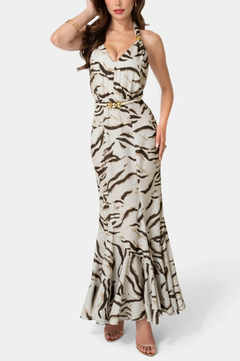 Bebe Printed Halter Flare Maxi Dress