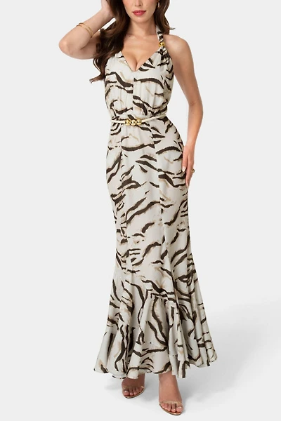 Bebe Printed Halter Flare Maxi Dress