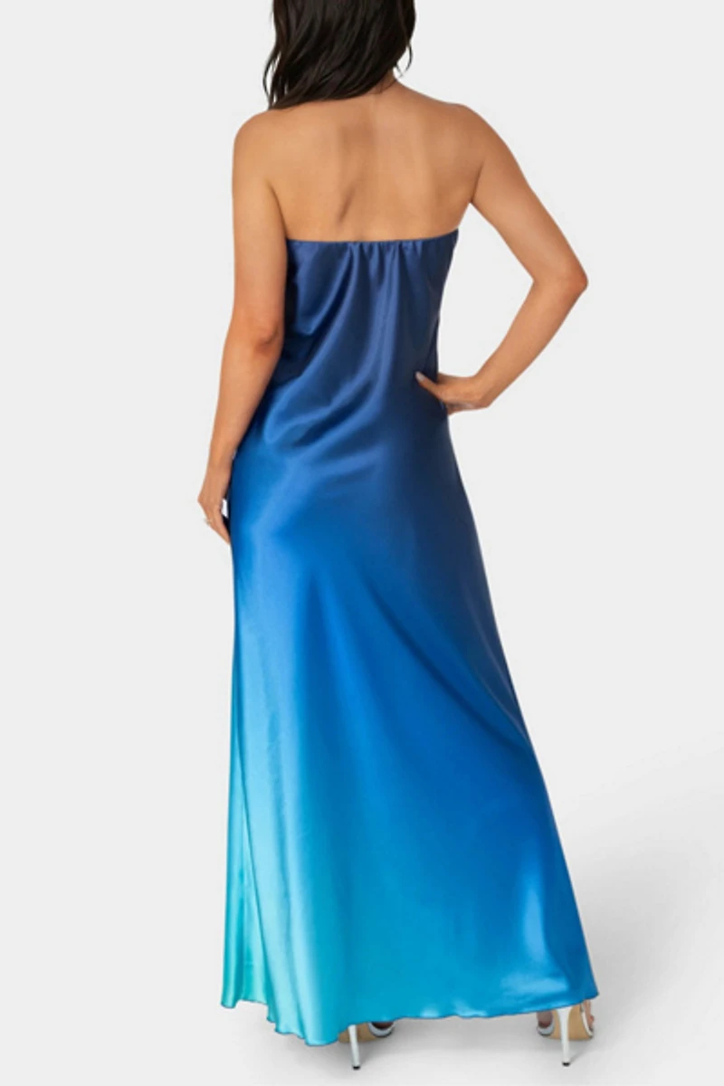 Bebe Ombre Satin Strapless Maxi Dress