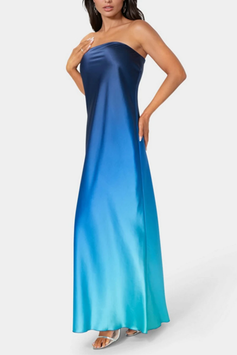 Bebe Ombre Satin Strapless Maxi Dress