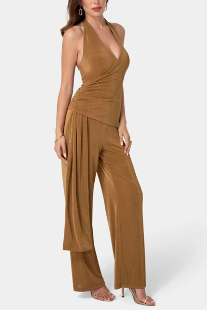 Bebe Slinky Drop Waist Halter Jumpsuit