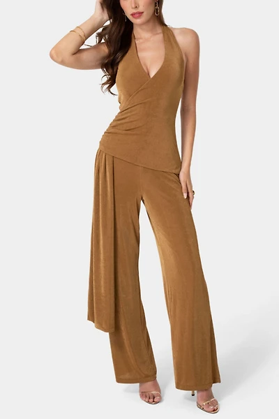 Bebe Slinky Drop Waist Halter Jumpsuit