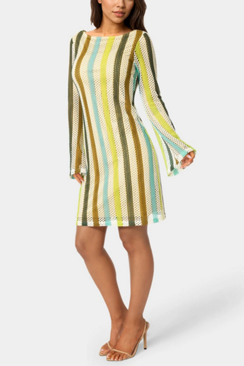 Bebe Stripe Long Sleeve Crochet Dress
