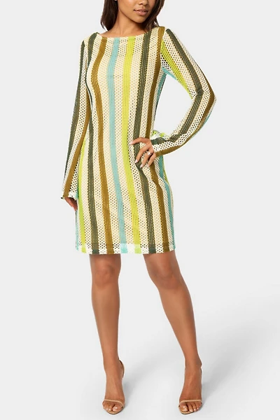 Bebe Stripe Long Sleeve Crochet Dress