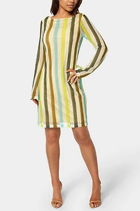 Bebe Stripe Long Sleeve Crochet Dress