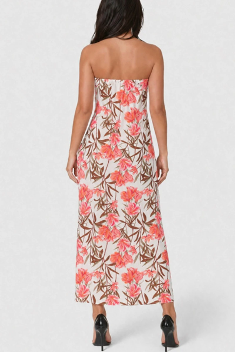 Bebe Floral Printed Satin Strapless Maxi Dress